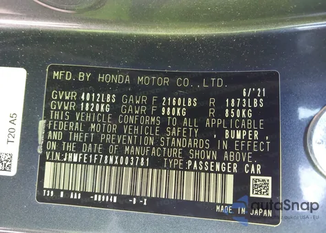 2022 Honda Civic Ex из США, поврежденный, VIN JHMFE1F78NX003781